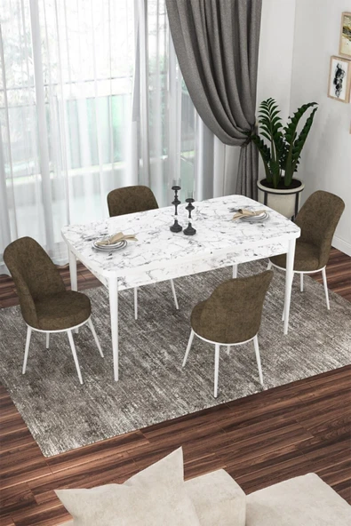 Canisa Concept Kor Serisi 70x114 Açılabilir Mutfak Masası Takımı Beyaz Mermer Desen Masa 4 Kahverengi Sandalye ürün görseli 1