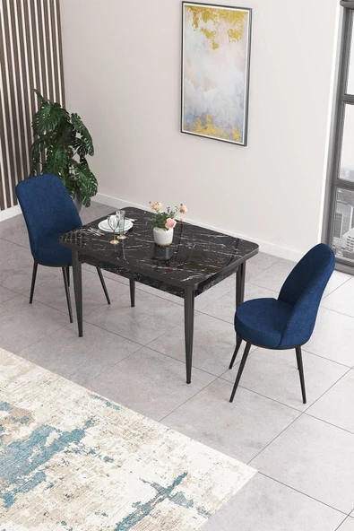 Canisa Concept Nil Serisi 70x110 Sabit Mutfak Masası Takımı Siyah Mermer Desen Masa 2 Lacivert Sandalye ürün görseli 1