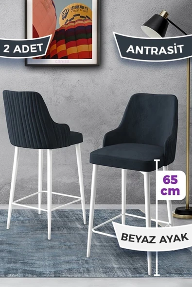 Canisa Tera Serisi 2 Antrasit Sandalye 65 Cm Ada Mutfak Bar Sandalyesi Babyface Kumaş Beyaz Metal Ayaklı ürün görseli 1
