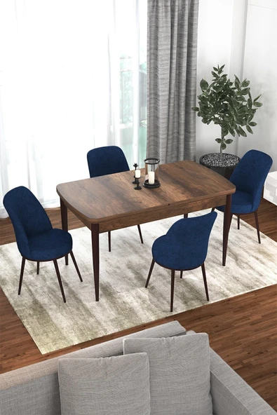 Canisa Concept Kor Serisi, 70x114 Açılabilir Yemek Masası Takımı, Barok Ahşap Desen Masa Ve 4 Lacivert Sandalye ürün görseli 1