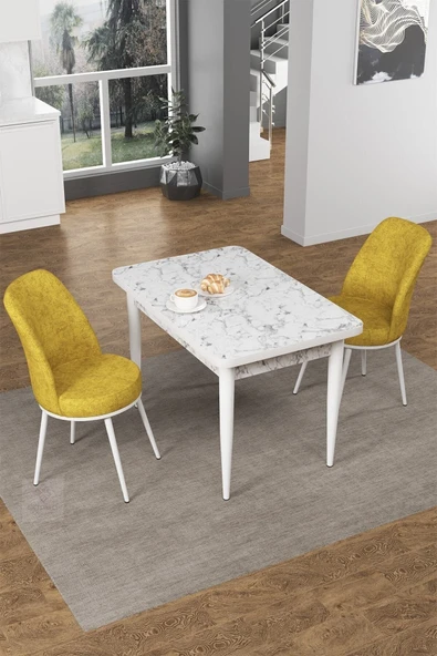 Canisa Concept Nil Serisi 70x110 Sabit Mutfak Masası Takımı Beyaz Mermer Desen Masa 2 Hardal Sandalye ürün görseli 1