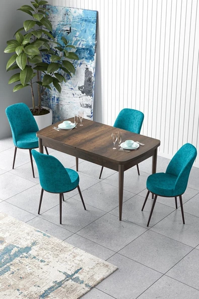 Canisa Concept Zen Serisi 80x132 Mdf Açılabilir Barok Ahşap Desen Masa Takımı Ve 4 Turkuaz Sandalye ürün görseli 1
