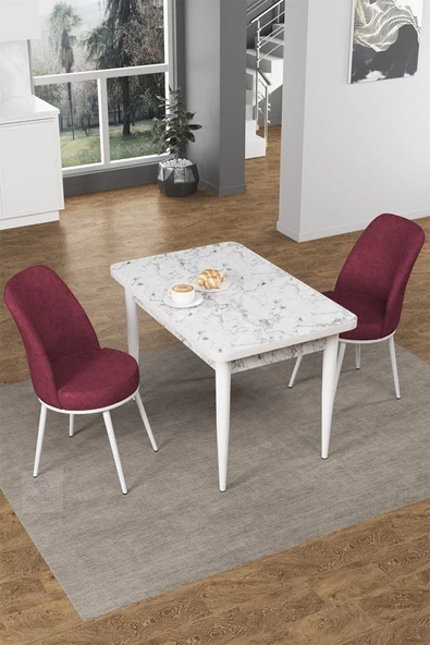 Canisa Concept Nil Serisi 70x110 Sabit Mutfak Masası Takımı Beyaz Mermer Desen Masa 2 Bordo Sandalye ürün görseli 1