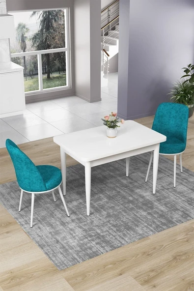 Canisa Concept Nil Serisi 70x110 Sabit Mutfak Masası Takımı Beyaz Masa 2 Turkuaz Sandalye ürün görseli 1
