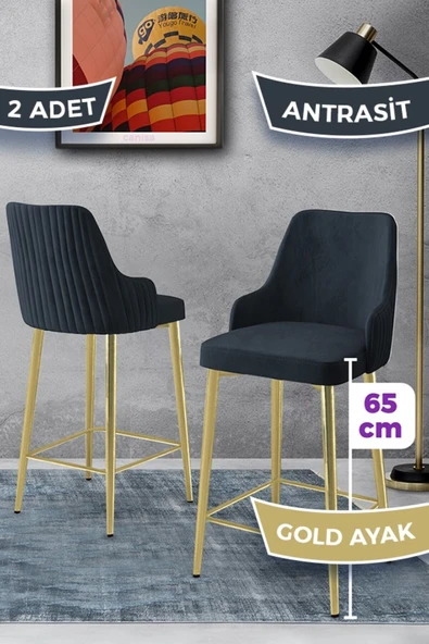Canisa Tera Serisi 2 Adet Babyface Kumaş 65 cm Gold Kaplama Ayaklı Antrasit Bar Sandalyesi ürün görseli 1