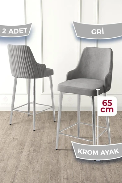 Canisa Tera Serisi 2 Adet Babyface Kumaş 65 cm Krom Kaplama Ayaklı Gri Bar Sandalyesi ürün görseli 1