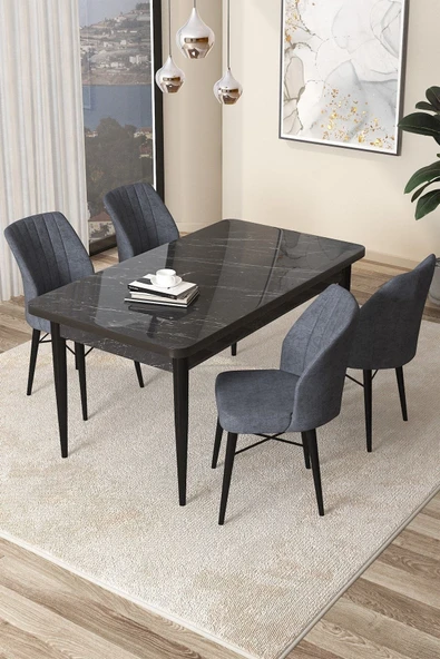 Canisa Concept Arp Serisi 70x110 Sabit Mutfak Masası Takımı Siyah Mermer Desen Masa 4 Füme Sandalye ürün görseli 1