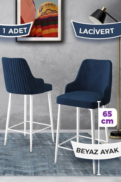 Canisa Tera Serisi 1 Adet 65 Cm Lacivert Ada Mutfak Bar Sandalyesi Babyface Kumaş Beyaz Metal Ayaklı ürün görseli 1