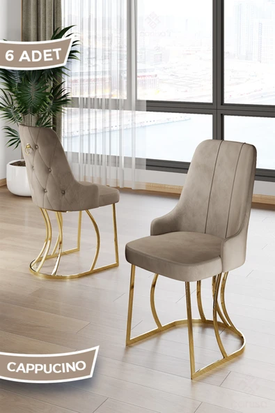 Canisa Puva Serisi 6 Adet Cappucino Sandalye 1.sınıf Babyface Ithal Kumaş Gold Metal Ayaklı ürün görseli 1