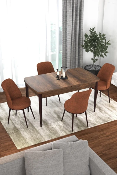 Canisa Concept Kor Serisi, 70x114 Açılabilir Yemek Masası Takımı, Barok Ahşap Desen Masa Ve 4 Kiremit Sandalye ürün görseli 1