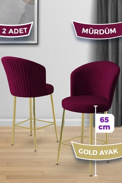 Canisa Alte Serisi 2 Adet Babyface Kumaş 65 cm Gold Kaplama Ayaklı Mürdüm Bar Sandalyesi ürün görseli 1