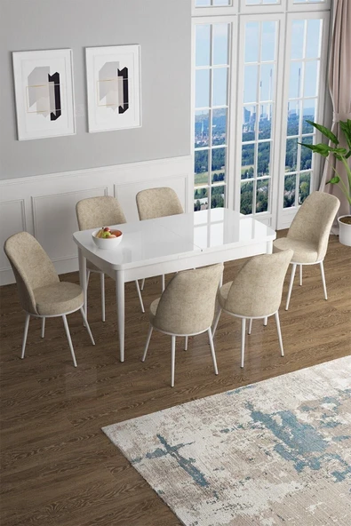 Canisa Concept Han Serisi 70x114 Açılabilir Mdf Mutfak Masası Takımı Beyaz Masa 6 Krem Sandalye ürün görseli 1