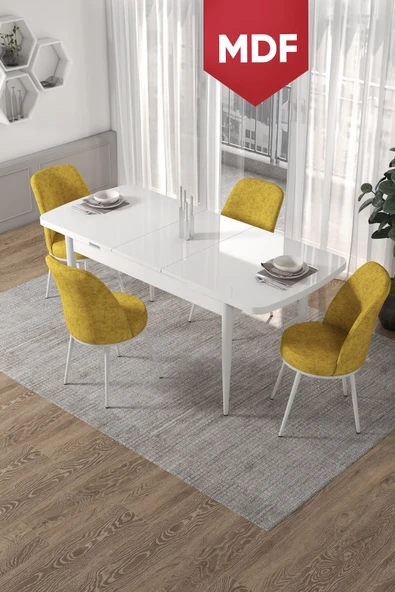 Canisa Kor Serisi 70x114 Açılabilir MDF Mutfak Masası Takımı Beyaz Masa 4 Hardal Sandalye ürün görseli 1