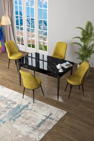 Canisa Concept Zen Serisi 80x132 Mdf Açılabilir Siyah Mermer Desen Masa Takımı ve 4 Hardal Sarısı Sandalye ürün görseli 1