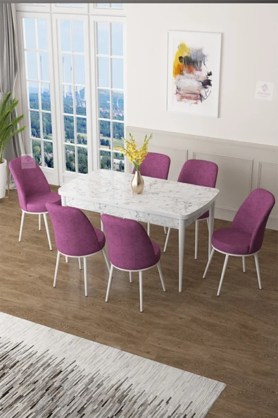 Canisa Concept Zen Serisi 80x132 Mdf Açılabilir Beyaz Mermer Desen Masa Takımı Ve 6 Mor Sandalye ürün görseli 1