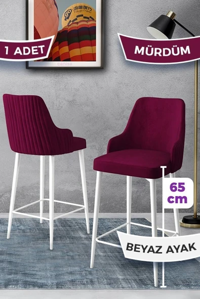 Canisa Tera Serisi 1 Adet 65 Cm Mürdüm Ada Mutfak Bar Sandalyesi Babyface Kumaş Beyaz Metal Ayaklı ürün görseli 1