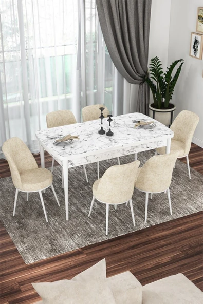 Canisa Concept Kor Serisi 70x114 Açılabilir Mutfak Masası Takımı Beyaz Mermer Desen Masa 6 Krem Sandalye ürün görseli 1