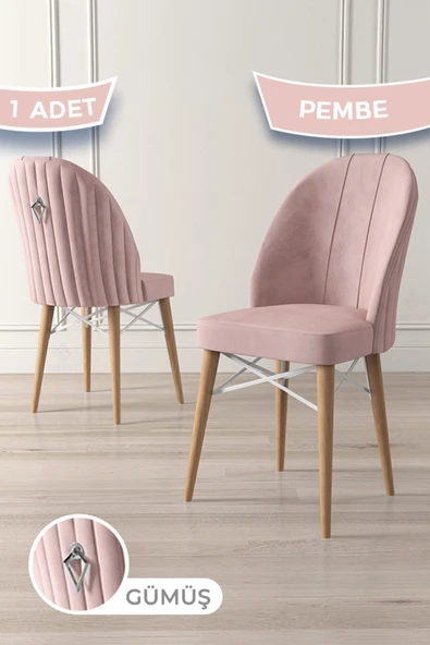 Canisa Ritim Serisi 1 Adet Pembe Sandalye 1.sınıf Babyface Ithal Kumaş Doğal Ahşap Ayak Gümüş Halkalı ürün görseli 1
