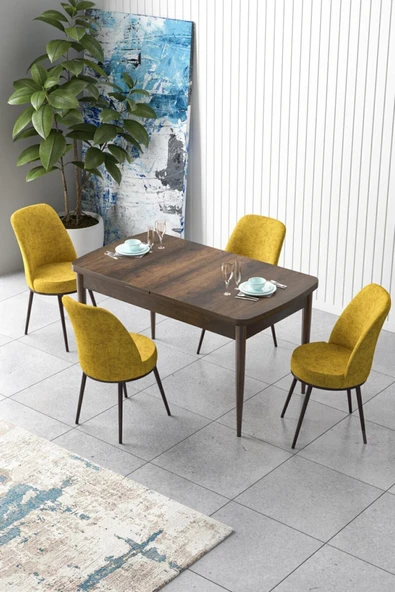 Canisa Concept Zen Serisi 80x132 Mdf Açılabilir Barok Ahşap Desen Masa Takımı Ve 4 Hardal Sandalye ürün görseli 1