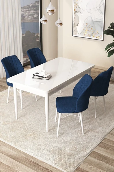 Canisa Concept Arp Serisi 70x110 Sabit Mutfak Masası Takımı Beyaz Masa 4 Lacivert Sandalye ürün görseli 1