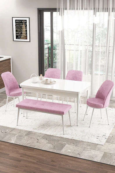 Canisa Concept Zen Serisi 80x132 Mdf Açılabilir Beyaz Masa Takımı 4 Pembe Sandalye Ve 1 Bench ürün görseli 1