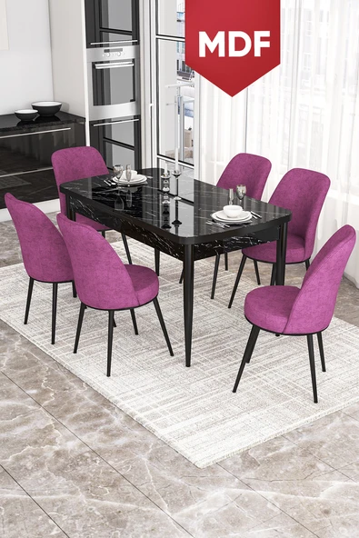 Canisa Concept Kor Serisi, 70x114 Açılabilir MDF  Yemek Masası Takımı, Siyah Mermer Desen Masa Ve 6 Mor Sandalye ürün görseli 1
