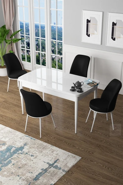 Canisa Concept Zen Serisi 80x132 Mdf Açılabilir Beyaz Masa Takımı Ve 4 Siyah Sandalye ürün görseli 1