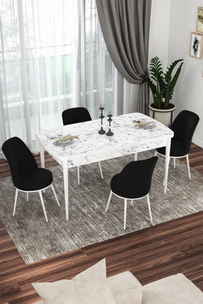 Canisa Concept Kor Serisi, 70x114 Açılabilir Mutfak Masa Takımı, Beyaz Mermer Masa, 4 Siyah Sandalye ürün görseli 1