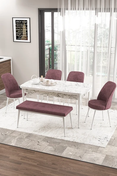 Canisa Concept Zen Serisi 80x132 Mdf Açılabilir Beyaz Mermer Desen Masa Takımı 4 Gül Kurusu Sandalye Ve 1 Bench ürün görseli 1