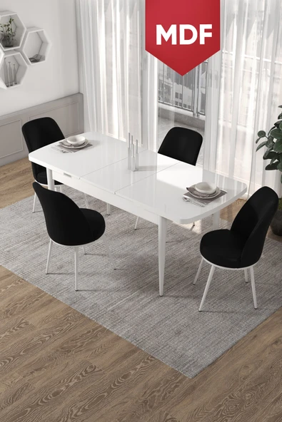 Canisa Kor Serisi 70x114 Açılabilir MDF Mutfak Masası Takımı Beyaz Masa 4 Siyah Sandalye ürün görseli 1