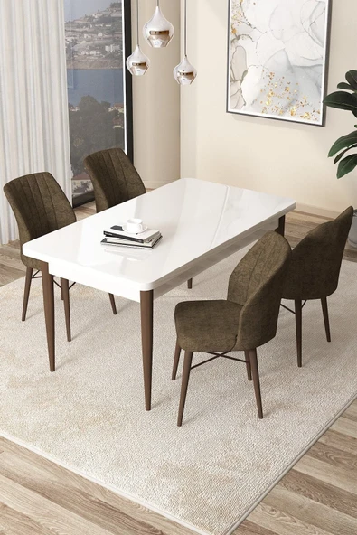 Canisa Concept Arp Serisi 70x110 Sabit Mutfak Masası Takımı Beyaz Ceviz Masa 4 Kahverengi Sandalye ürün görseli 1