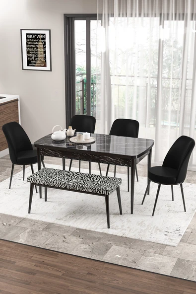 Canisa Zen Serisi 80x132 Mdf Açılabilir Siyah Mermer Desen Masa Takımı 4 Siyah Sandalye Ve 1 Zebra Bench ürün görseli 1
