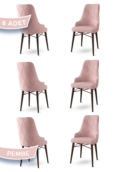 Canisa Neta Serisi Babyface Kumaş Sandalye Ceviz Gürgen Ayak 6 Adet Pembe Sandalye ürün görseli 1