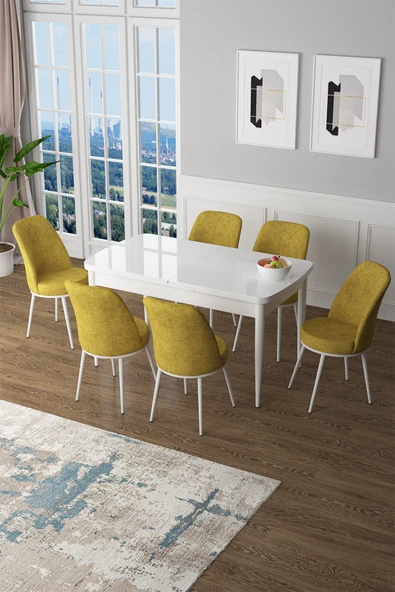 Canisa Concept Zen Serisi 80x132 Mdf Açılabilir Beyaz Mutfak Masası Takımı Ve 6 Hardal Sandalye ürün görseli 1