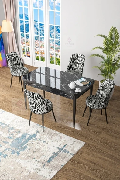 Canisa Concept Zen Serisi 80x132 Mdf Açılabilir Siyah Mermer Desen Masa Takımı Ve 4 Zebra Sandalye ürün görseli 1