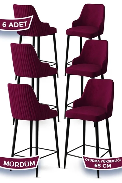 Canisa Tera Serisi 6 Mürdüm Sandalye 65 Cm Ada Mutfak Bar Sandalyesi Babyface Kumaş Siyah Metal Ayaklı ürün görseli 1