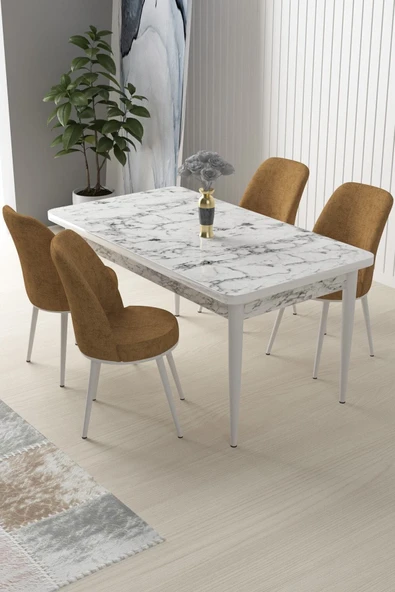 Canisa Concept Nil Serisi 70x110 Sabit Mutfak Masası Takımı Beyaz Mermer Desen Masa 4 Cappucino Sandalye ürün görseli 1