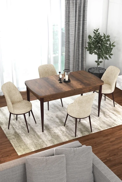 Canisa Concept Kor Serisi 70x114 Açılabilir Mutfak Masası Takımı Barok Desen Masa 4 Krem Sandalye ürün görseli 1