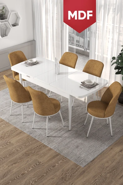 Canisa Concept Kor Serisi, 70x114 Açılabilir MDF  Beyaz Yemek Masası Takımı,6 Cappucino Sandalye ürün görseli 1