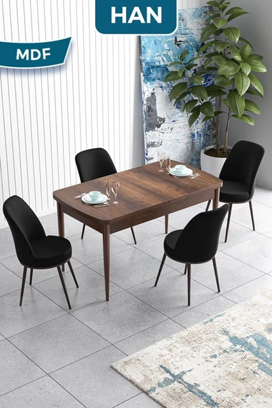 Canisa Han Serisi, 70x114 Açılabilir Mdf Masa Takımı,barok Ahşap Desen Masa, 4 Siyah Sandalye ürün görseli 1