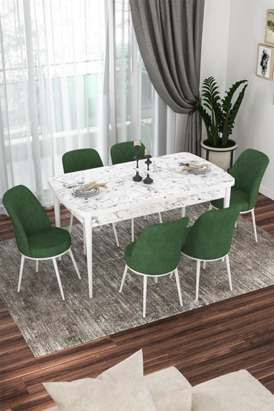 Canisa Concept Kor Serisi 70x114 Açılabilir Mutfak Masası Takımı Beyaz Mermer Desen Masa 6 Haki Yeşil Sandalye ürün görseli 1