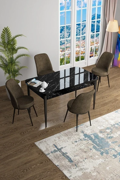 Canisa Concept Han Serisi 70x114 Açılabilir Mdf Mutfak Masası Takımı Siyah Mermer Desen Masa 4 Kahverengi Sandalye ürün görseli 1