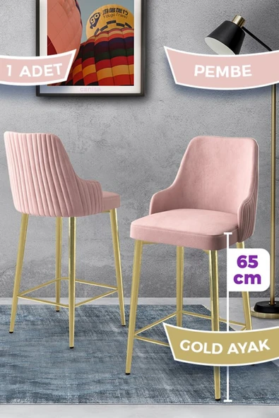 Canisa Tera Serisi 1 Adet Babyface Kumaş 65 cm Gold Kaplama Ayaklı Pembe Bar Sandalyesi ürün görseli 1