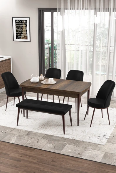 Canisa Concept Zen Serisi 80x132 Mdf Açılabilir Barok Ahşap Desen Masa Takımı 4 Siyah Sandalye Ve 1 Bench ürün görseli 1