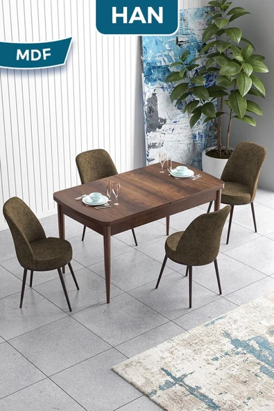 Canisa Han Serisi, 70x114 Açılabilir Mdf Masa Takımı,barok Ahşap Desen Masa, 4 Kahve Sandalye ürün görseli 1