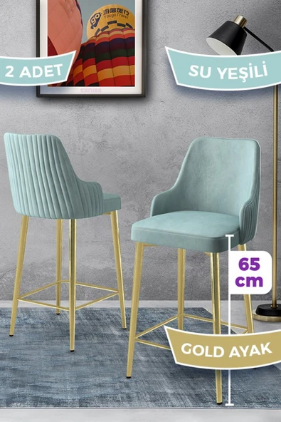 Canisa Tera Serisi 2 Adet Babyface Kumaş 65 cm Gold Kaplama Ayaklı Su Yeşili Bar Sandalyesi ürün görseli 1
