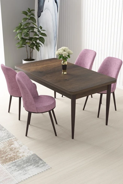 Canisa Nil Serisi 70x110 Sabit Barok Ahşap Desen Masa Takımı ve 4 Pembe Sandalye ürün görseli 1