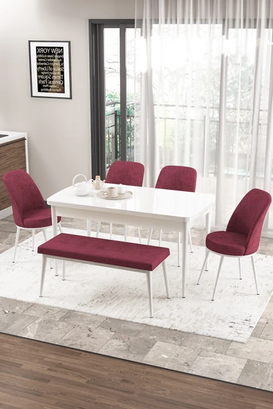 Canisa Concept Zen Serisi 80x132 Mdf Açılabilir Beyaz Masa Takımı 4 Bordo Sandalye Ve 1 Bench ürün görseli 1