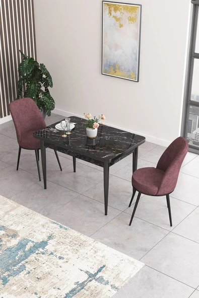 Canisa Concept Nil Serisi 70x110 Sabit Mutfak Masası Takımı Siyah Mermer Desen Masa 2 Gül Kurusu Sandalye ürün görseli 1