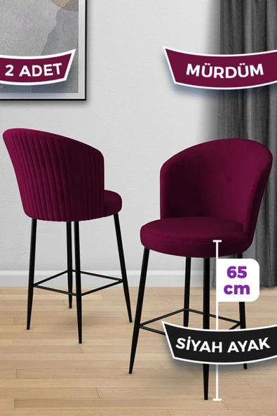 Canisa Alte Serisi 2 Adet Mürdüm Sandalye 65 Cm Ada Mutfak Bar Sandalyesi Babyface Kumaş Siyah Metal Ayak ürün görseli 1